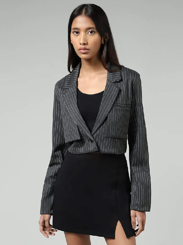 European Plan Nuon Grey Pinstriped Crop Jacket