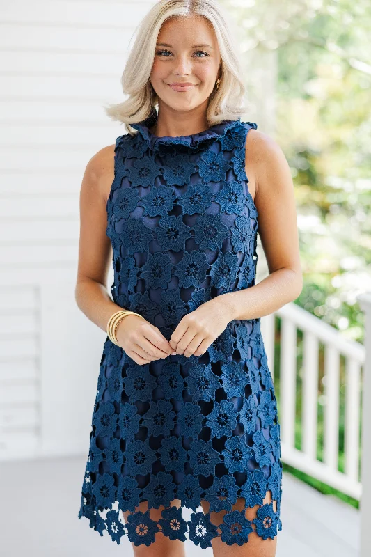 Elegant Comfort Daily Reminder Navy Blue Crochet Dress