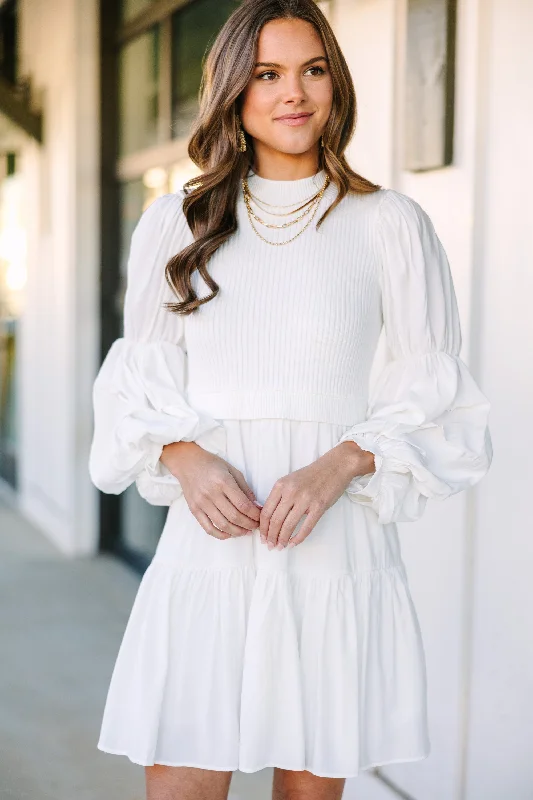 Lace Design All Figured Out White Long Sleeve Dress