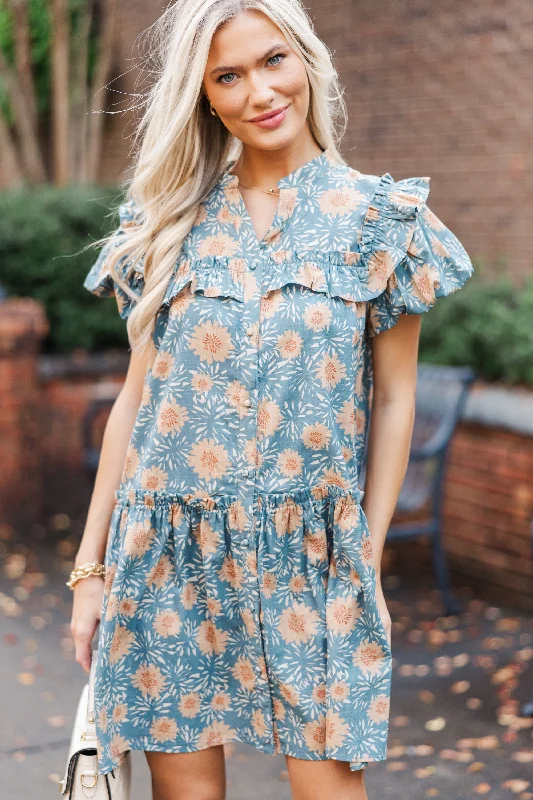 Casual Elegance Bring It On Home Dusty Blue Floral Dress