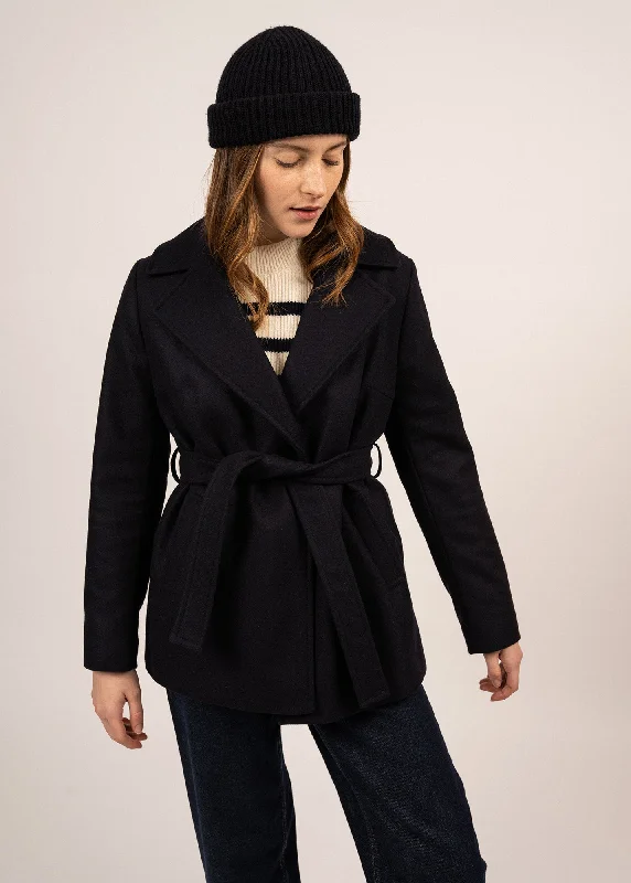 Comfortable Wear Ste Laury short coat - belted, in wool cloth (NAVY)