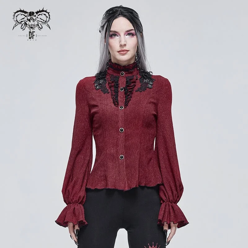 Daily Comfort Women's Gothic Strappy Puff Sleeved Ruched Red Shirt