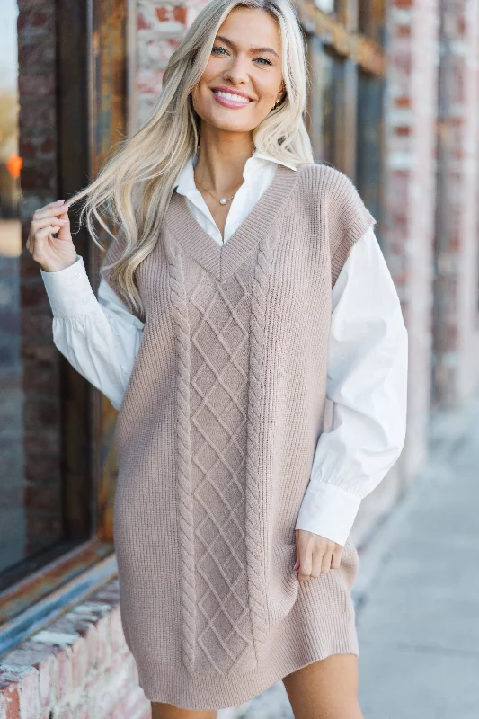 Romantic Temperament Here For You Latte Cable Knit Sweater Dress