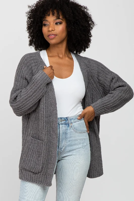 Bright Colors Charcoal Ribbed Cable Knit Cardigan