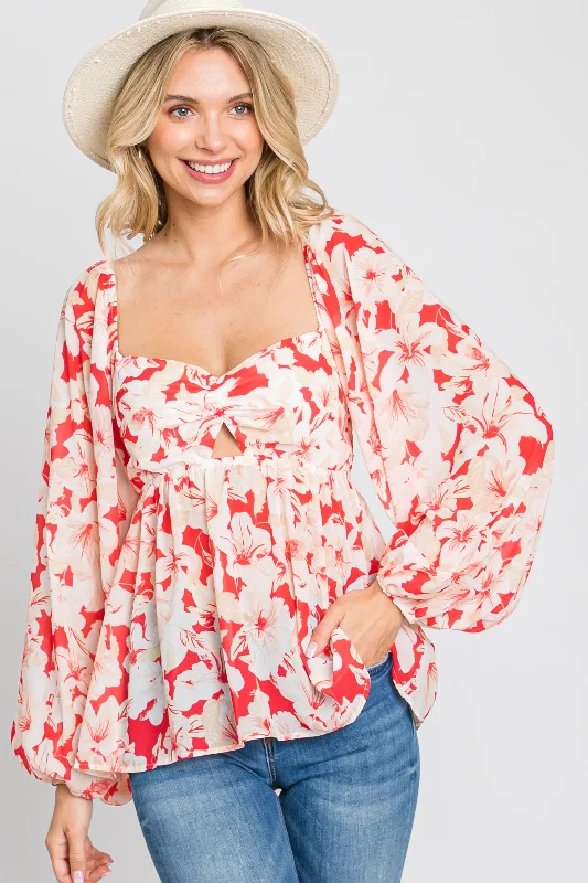 Personalized Series Red Floral Cutout Front Long Sleeve Blouse