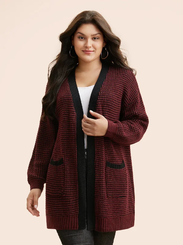 Elegant Comfort Contrast Textured Drop Shoulder Sleeve Cardigan