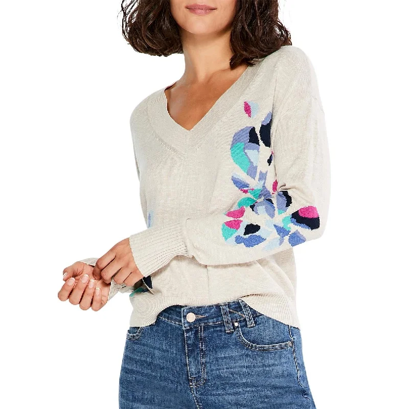 Integrated Design Nic + Zoe Womens Floral Ribbed Pullover Sweater