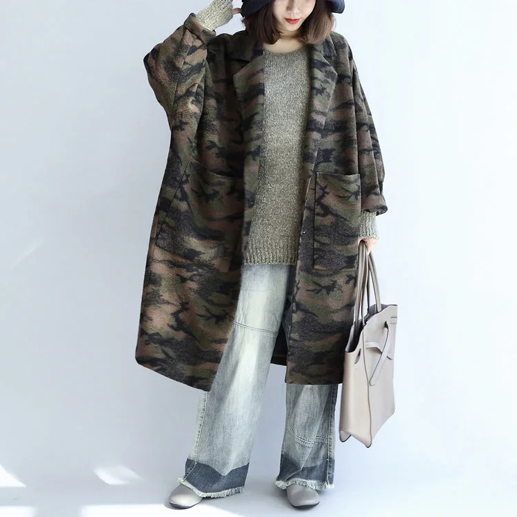 Comfortable Outfits blackish green camouflage casual woolen cardigans oversize pockets long sleeve trench coats