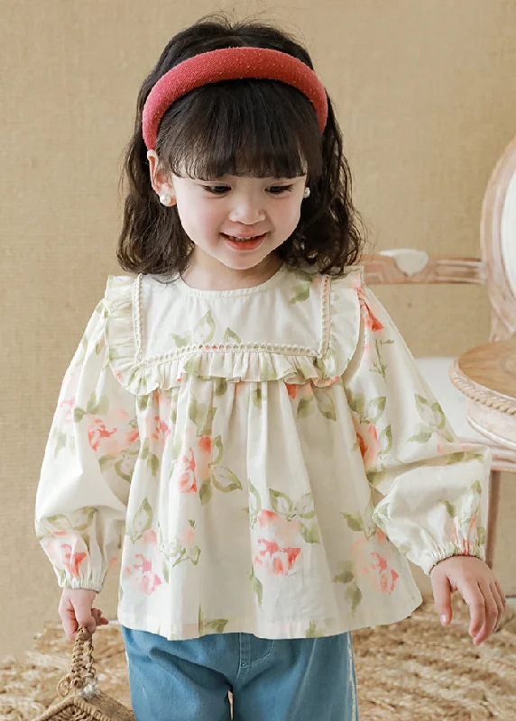 Goddess Style New Apricot Ruffled Print Cotton Girls Top Long Sleeve