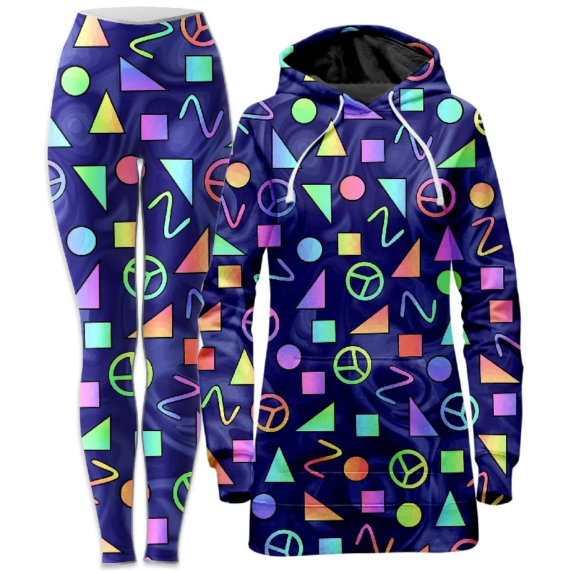 Goddess Style Retro Shapes Peace Symbols Blue Hoodie Dress and Leggings Combo