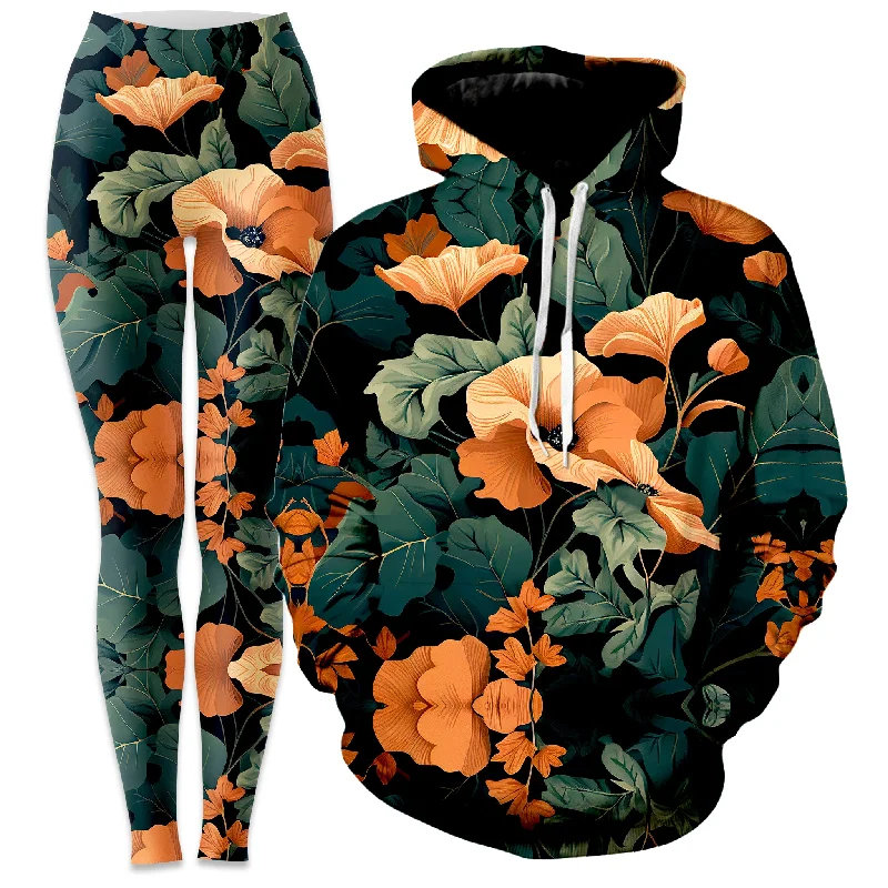 Sports Style Tangerine Floral Hoodie and Leggings Combo