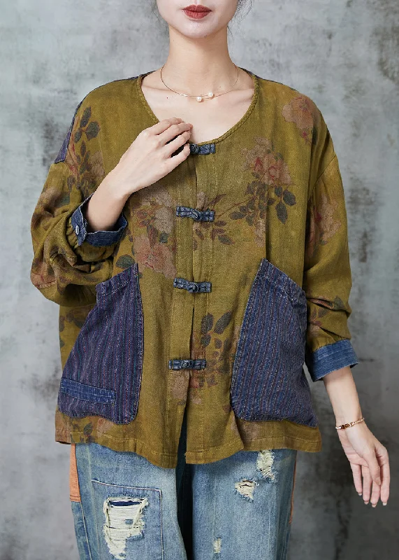 Luxury Classic Women Grass Green Chinese Button Patchwork Linen Top Spring