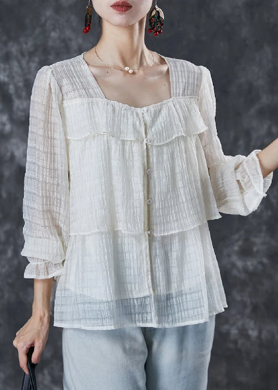 Advanced Design Simple White Square Collar Wrinkled Shirt Top Summer