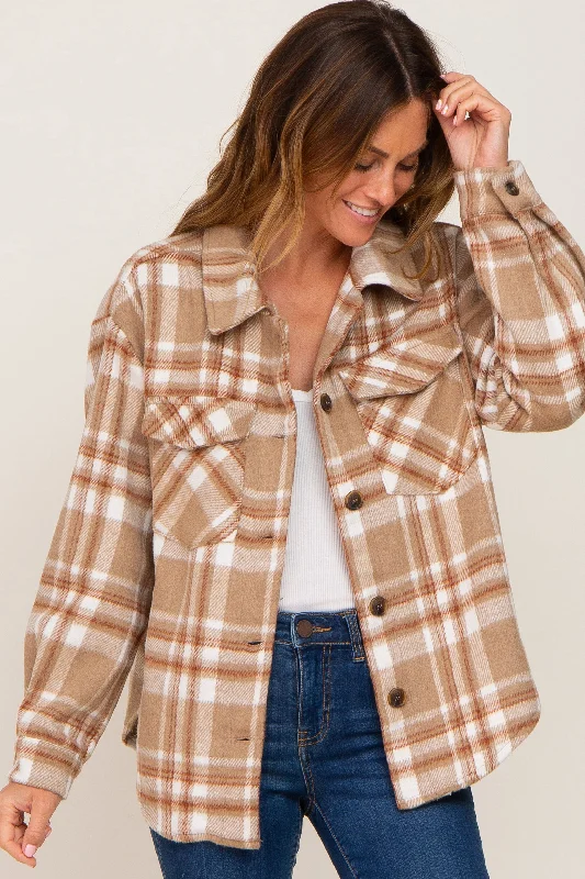 Bright Colors Light Mocha Plaid Front Pocket Shacket