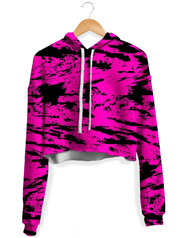 Embroidery Design Pink and Black Rave Glitch Splatter Fleece Crop Hoodie