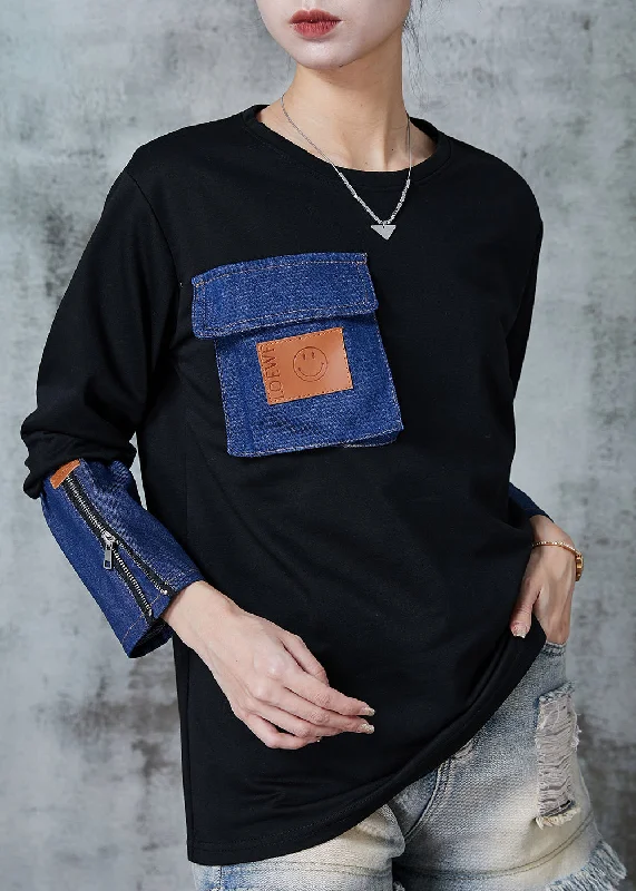 High-quality Design Handmade Black Zip Up Patchwork Denim Cotton Sweatshirts Top Spring