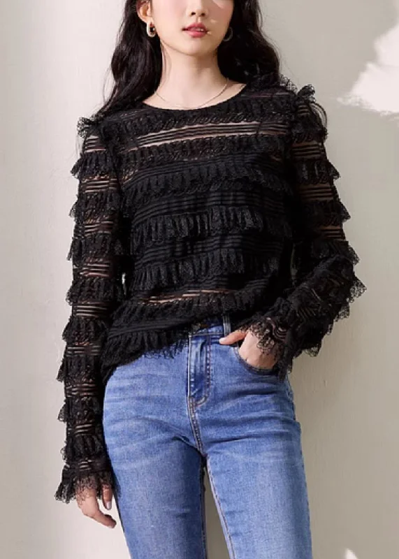 All-Day Comfort New Black O Neck Solid Lace Top Long Sleeve