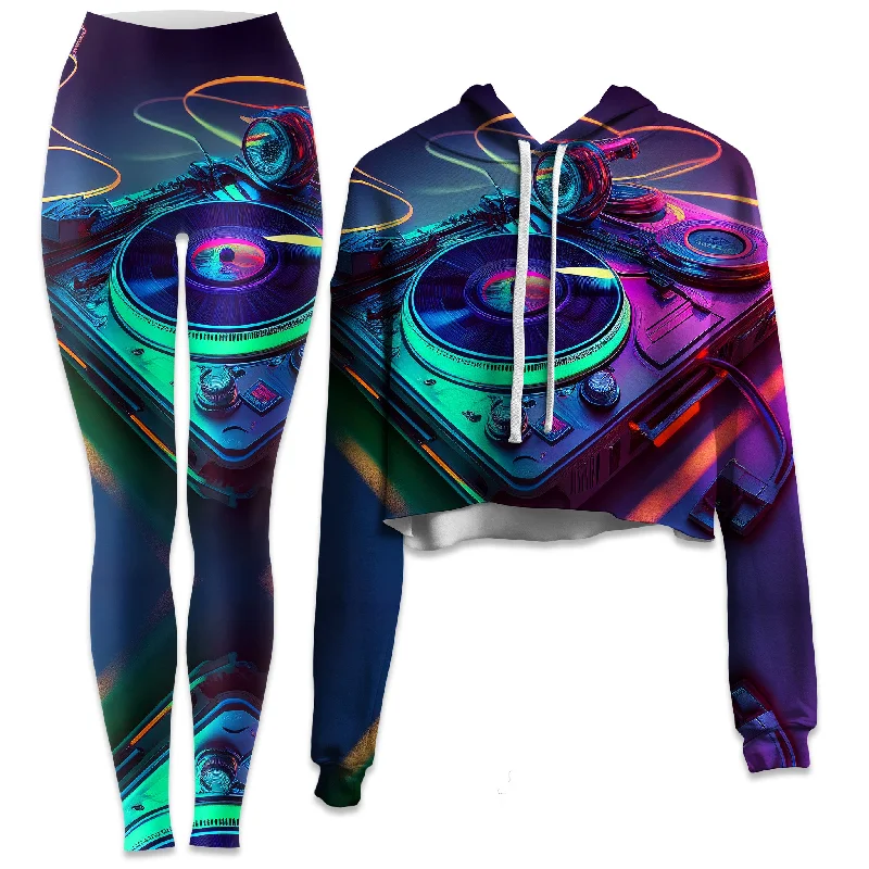 High Street Fashion Neon Turntables Crop Hoodie and Leggings Combo