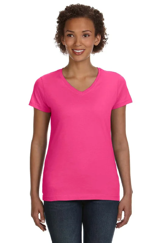 Stylish Comfort LAT Womens Fine Jersey Short Sleeve V-Neck T-Shirt - Hot Pink