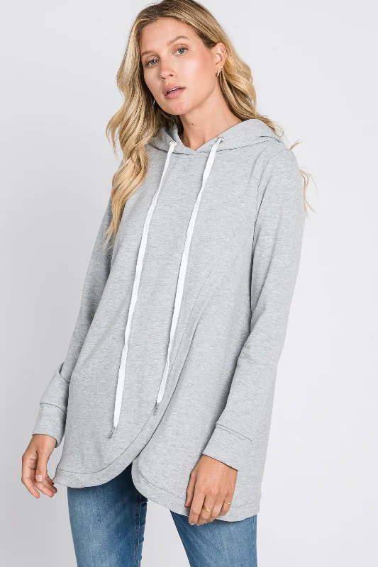 Fashion Must-have Heather Grey Layered Front Nursing Fleece Hoodie