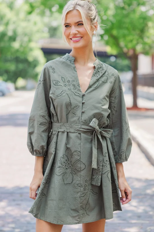 Sports Style On This Day Olive Green Eyelet Dress