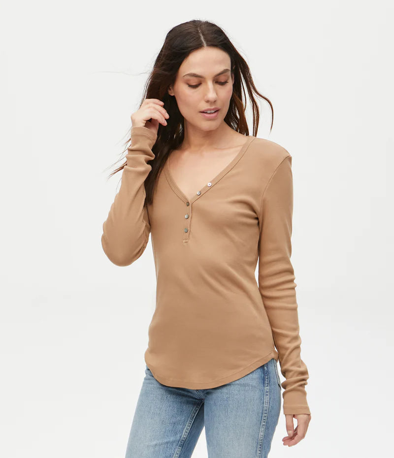 Versatile Itinerary Michael Stars Tan V-Neck Long Sleeve Tee with Buttons