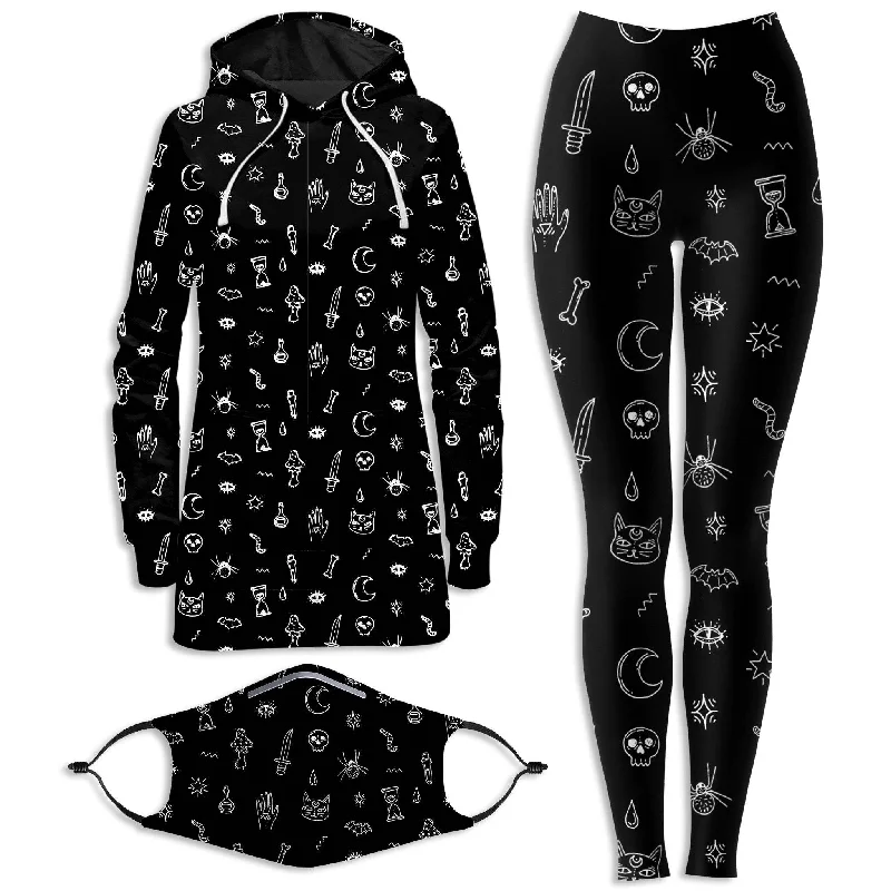 Cool Style Black Pattern Hoodie Dress and Leggings with PM 2.5 Face Mask Combo