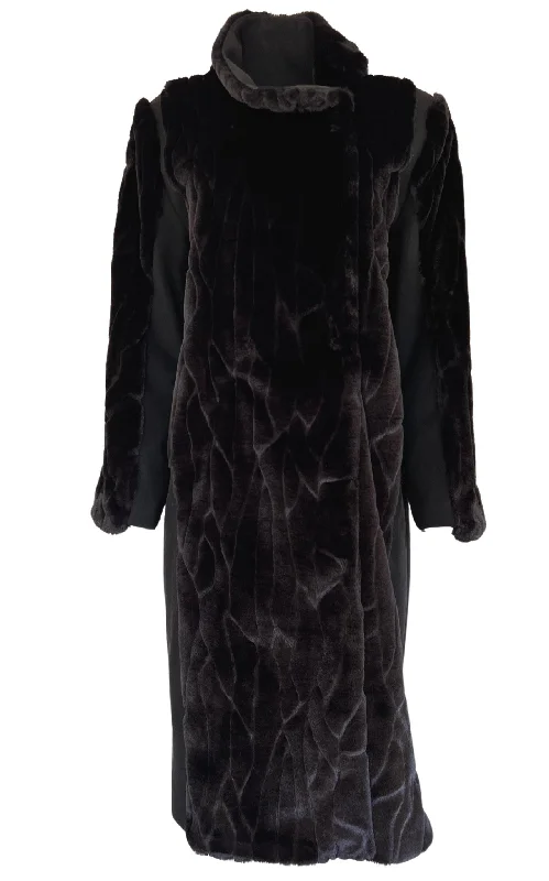 Minimal Style Black Faux Fur Details Long Trench Coat