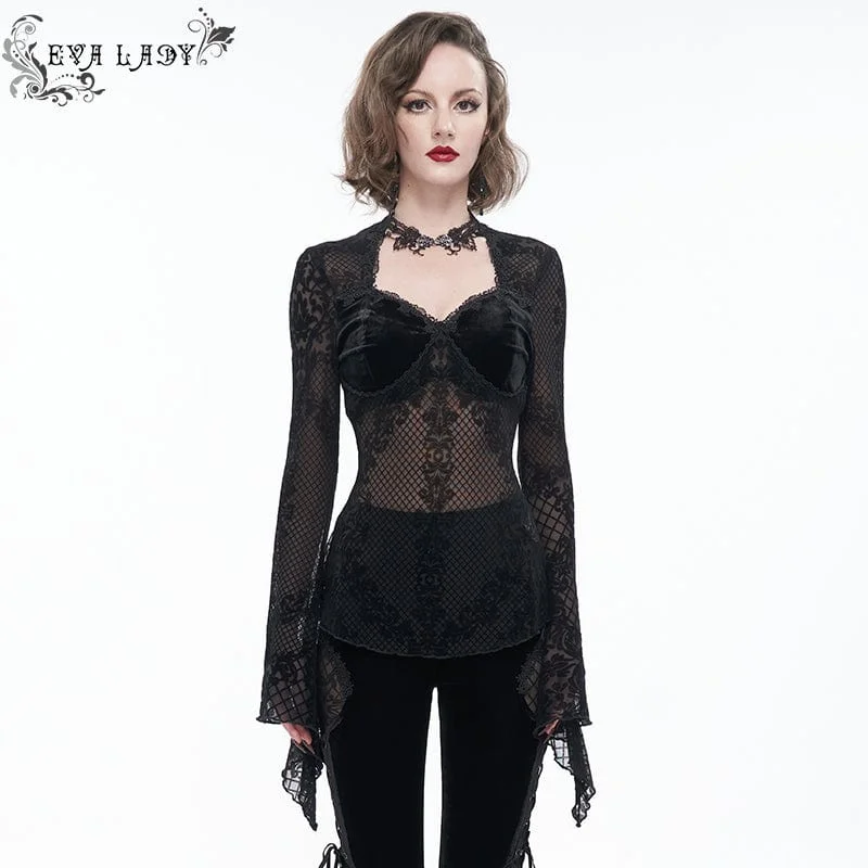 Printed Patterns Women's Gothic Cutout Flare Sleeved Lace Shirt