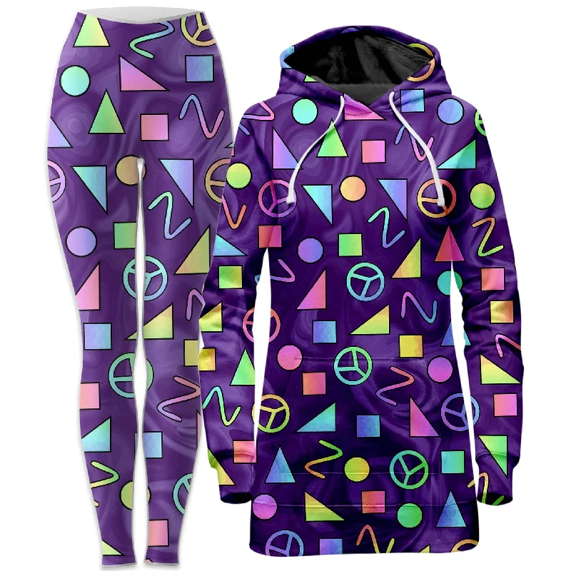 Noble And Elegant Retro Shapes Peace Symbols Purple Hoodie Dress and Leggings Combo