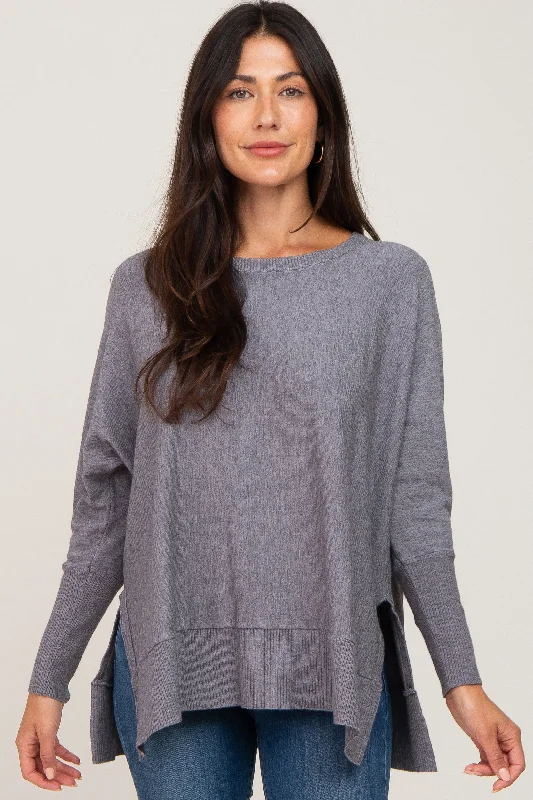 Casual Elegance Heather Grey Dolman Sleeve Side Slit Sweater