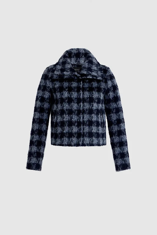 Fashion Must-have Houndstooth Alpaca Moto Jacket with Signature Double Collar