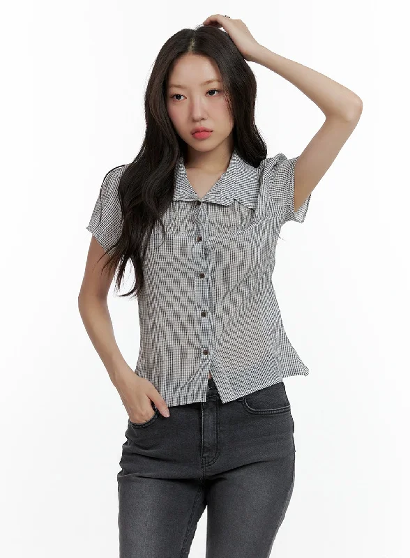 New Products Gingham Buttoned Collar Short Sleeve Blouse CL410