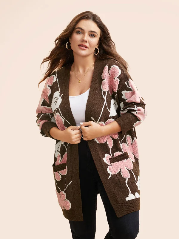 Basic Version Floral Jacquard Open Front Pocket Cardigan