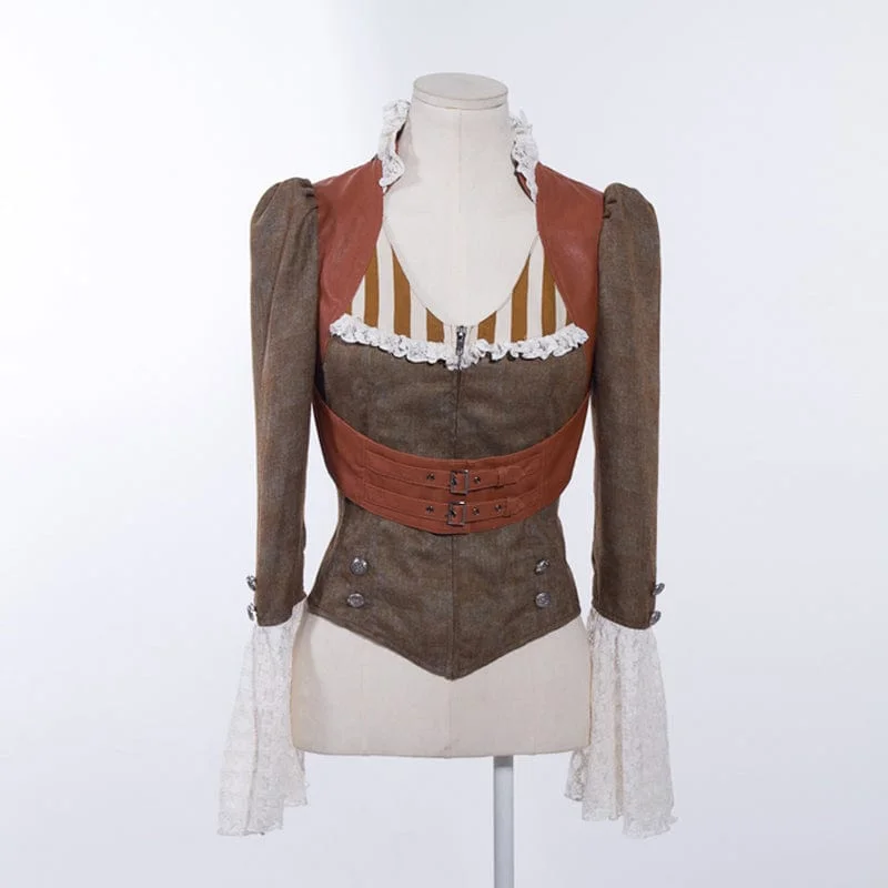 Casual Choice Women's Steampunk Toned Horn Sleeved Splice Zipper Shirt