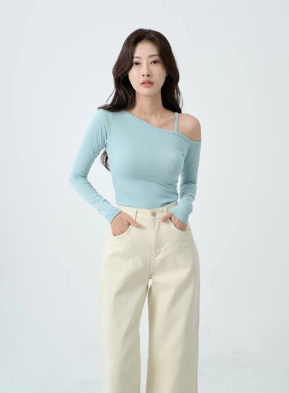 Exquisite Tailoring Unbalance Thin Strap Off-Shoulder T-Shirt IO24