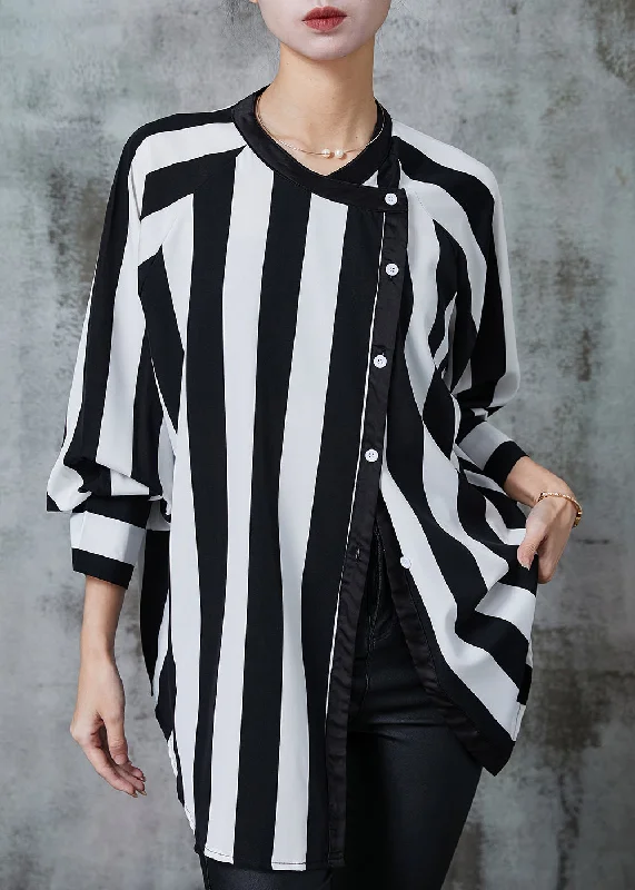 Leisure Sports Unique Black Asymmetrical Striped Chiffon Shirt Spring