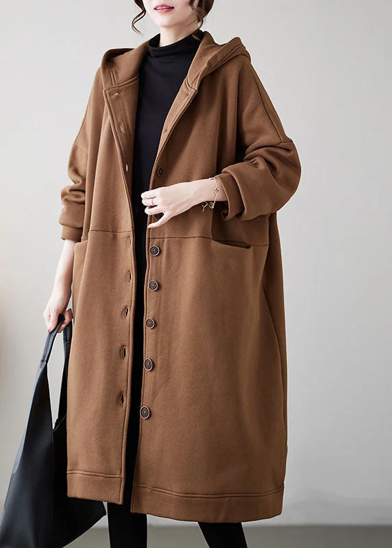 Cozy Look Casual Camel Button Warm Fleece Thick Hoodie Maxi Coat Winter