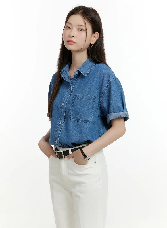 Tropical Style Denim Buttoned Collar Shirt OL423