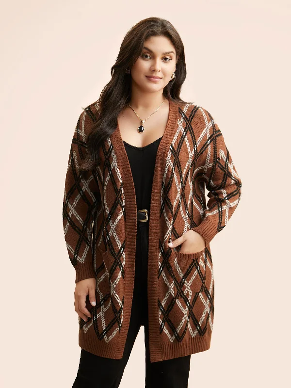 Warm Comfort Plaid Pocket Drop Shoulder Sleeve Cardigan