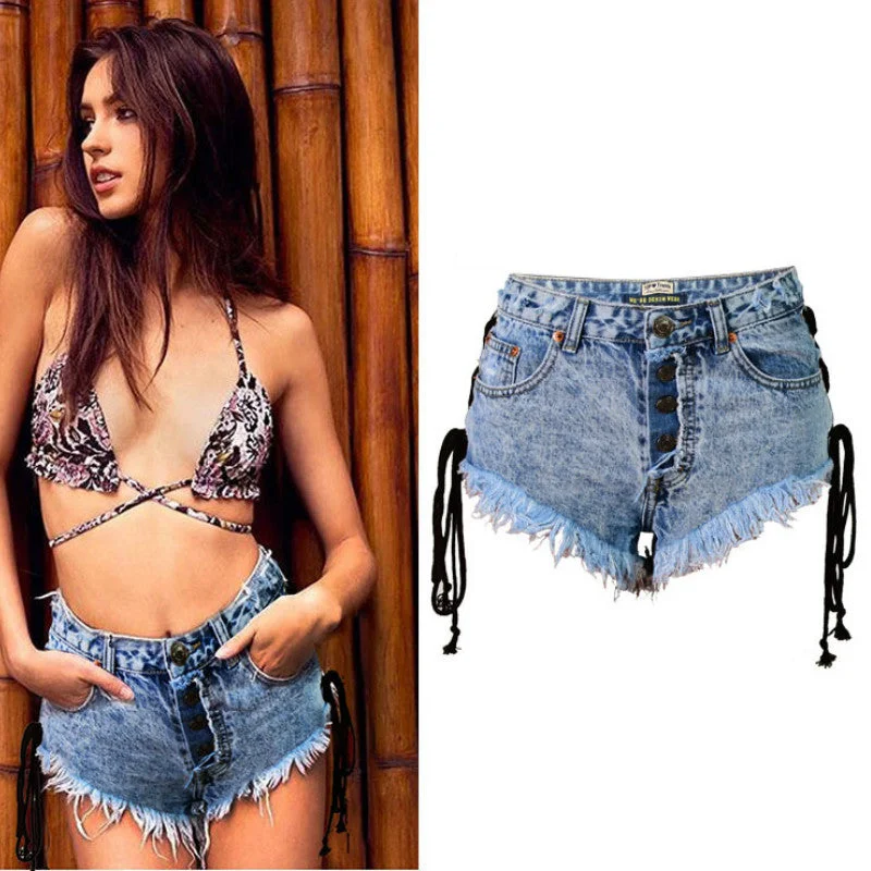 European Plan Snowflake High waist Side Tie up Denim Shorts