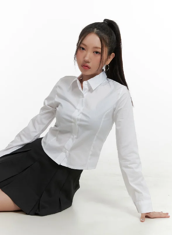 Elegant Outline Basic Cropped Cotton Buttoned Shirt OA416