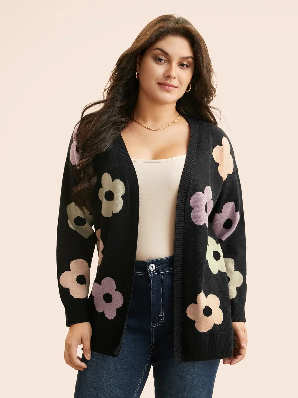 Lace Design Contrast Floral Drop Shoulder Cardigan