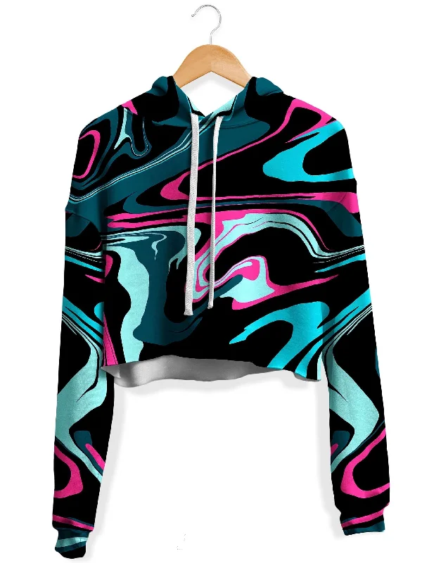 Chic Relaxation Pink Cyan Melt Fleece Crop Hoodie