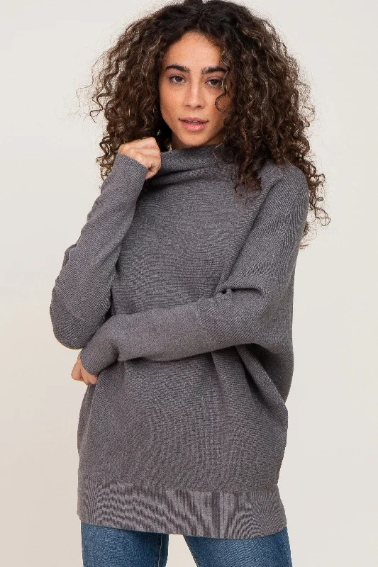 British Style Grey Funnel Neck Dolman Sleeve Sweater