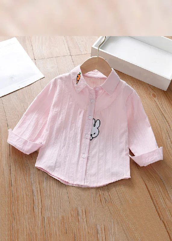 Unique Fashion Modern Pink Peter Pan Collar Print Cotton Girls Blouse Long Sleeve