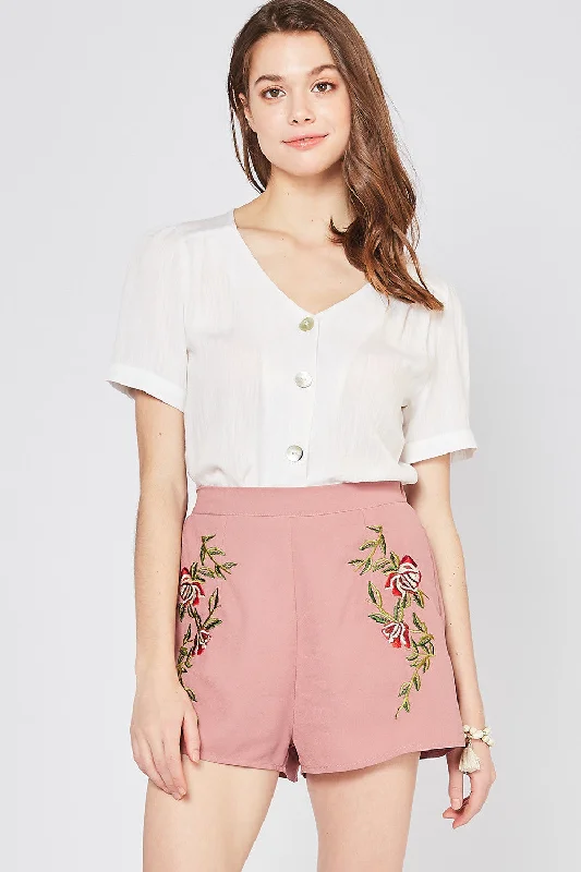 Dressing Tips Floral Embroidered Shorts, Mauve