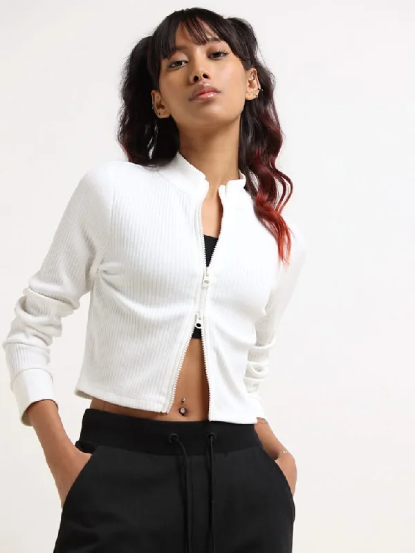 Classic Style Studiofit White Cotton Blend Double-Zipper Jacket