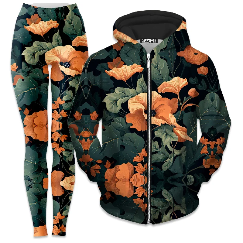 Integrated Design Tangerine Floral Zip-Up Hoodie and Leggings Combo