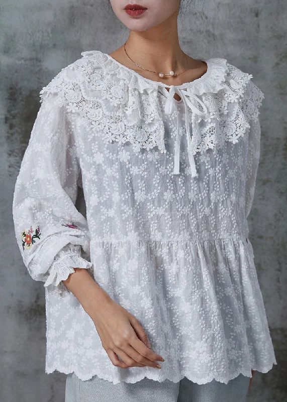 Sports Trend Organic White Peter Pan Collar Embroidered Cotton Top Spring